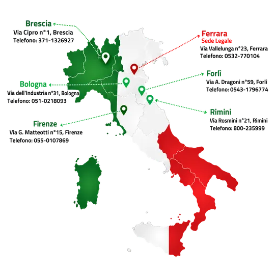 Cartina d'Italia con le 6 sedi Edilcoop e i loro indirizzi: Ferrara sede legale, Bologna, Forlì, Igea Marina in provincia di Rimini, Firenze e Brescia