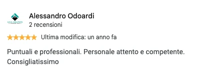 Screenshot della recensione Google di Alessandro Odoardi, 5 stelle: Puntuali e professionali. Personale attento e competente. Consigliatissimo